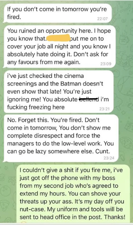 A screenshot of a heated text exchange between a boss and an employee, discussing the employee's work attendance and responsibilities