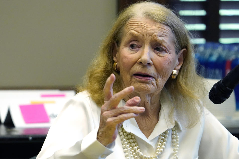 FILE - Novelist Ellen Gilchrist speaks at the Mississippi Book Festival in Jackson, Miss., on Aug. 20, 2022. Gilchrist, a National Book Award winner whose short stories and novels drew on the complexities of people and places in the American South, died Tuesday, Jan.30, 2024, in Ocean Springs, Miss, an obituary from her family said. (AP Photo/Rogelio V. Solis, File)