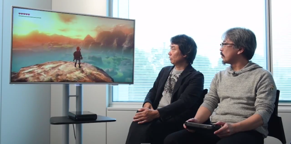 Zelda creator Shigeru Miaymoto (left) and series producer Eiji Aonuma demonstrate the Wii U Zelda game.