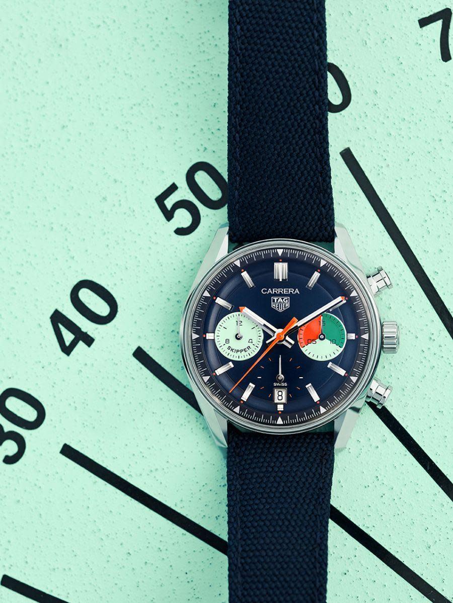 泰格豪雅（TAG HEUER）發表Carrera Skipper帆船計時錶款，以全新Carrera計時碼錶的殼型，重現1968年Skipperera 7754的經典配色。定價約NT$222,100。