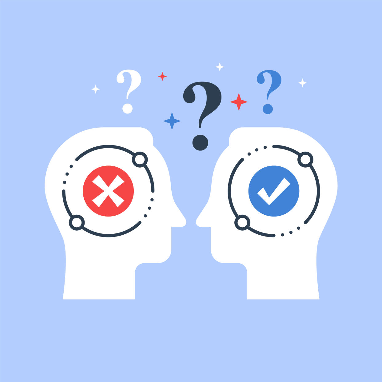 Decision making, opinion poll, bias and mindset, negotiation and persuasion, argumentation dialog, two heads, psychology or sociology, vector flat illustration