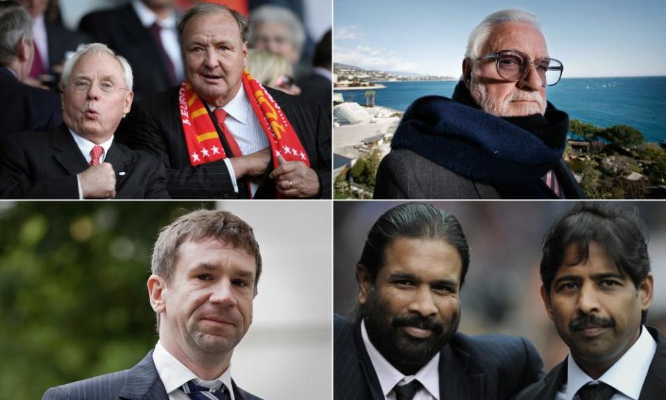 Clockwise from top left: former Liverpool owners George Gillett and Tom Hicks, Ken Bates on the balcony at his Monaco home, Blackburn Rovers owners Balaji and Venkatesh Rao from poultry giant Venky’s, and formerm Portsmouth chairman Vladimir Antonov.