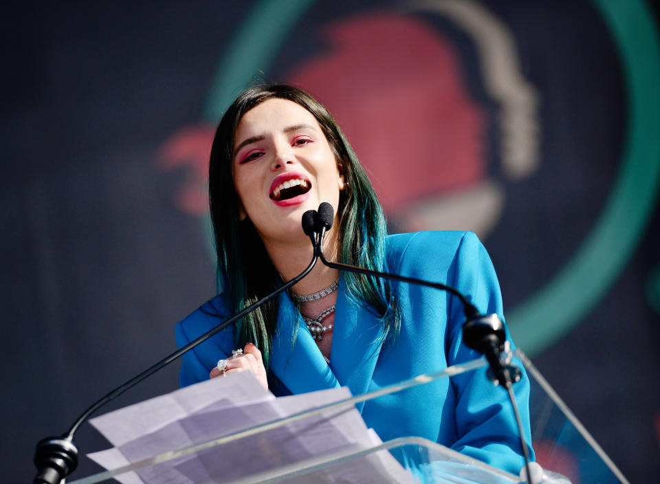 LOS ANGELES, CALIFORNIA - JANUARY 18:  Actress Bella Thorne speaks at the 4th annual Women's March LA: Women Rising at Pershing Square on January 18, 2020 in Los Angeles, California. (Photo by Chelsea Guglielmino/Getty Images)