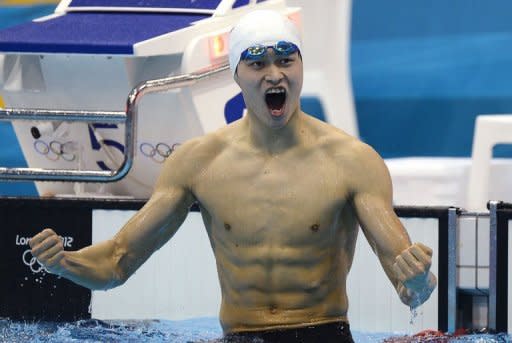 China's Sun Yang reacts after winning the men's 400m freestyle final swimming event at the London 2012 Olympic Games on in London