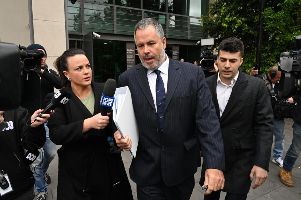 Erin Patterson’s Lawyer Bill Doogue (C) departs from the Latrobe Valley Law Courts in Morwell, Victoria, Australia, 3 November 2023 (EPA)