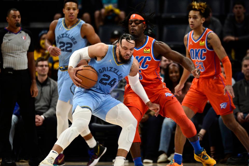 Memphis Grizzlies forward Dillon Brooks (24) handles the ball against Oklahoma City Thunder forward Luguentz Dort (5) in the first half of an NBA basketball game Thursday, Dec. 2, 2021, in Memphis, Tenn. (AP Photo/Brandon Dill)