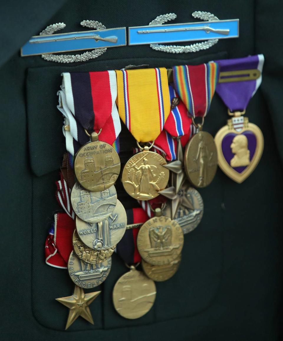 A slew of medals adorns the U.S. Army uniform that was worn by veteran Juan Cedillo.