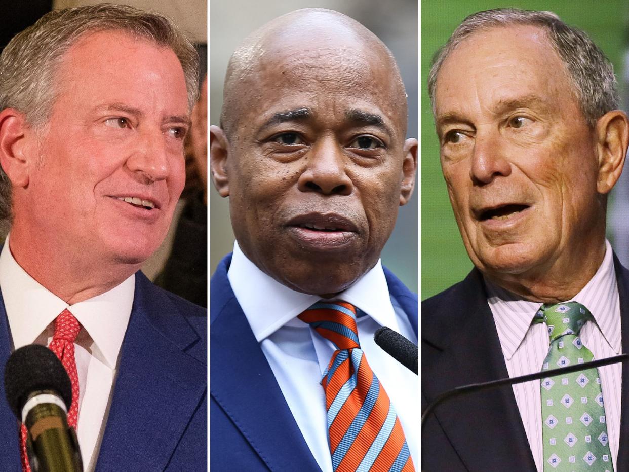 Former Mayors Bill de Blasio (left) and Michael Bloomberg (right) with current Mayor Eric Adams