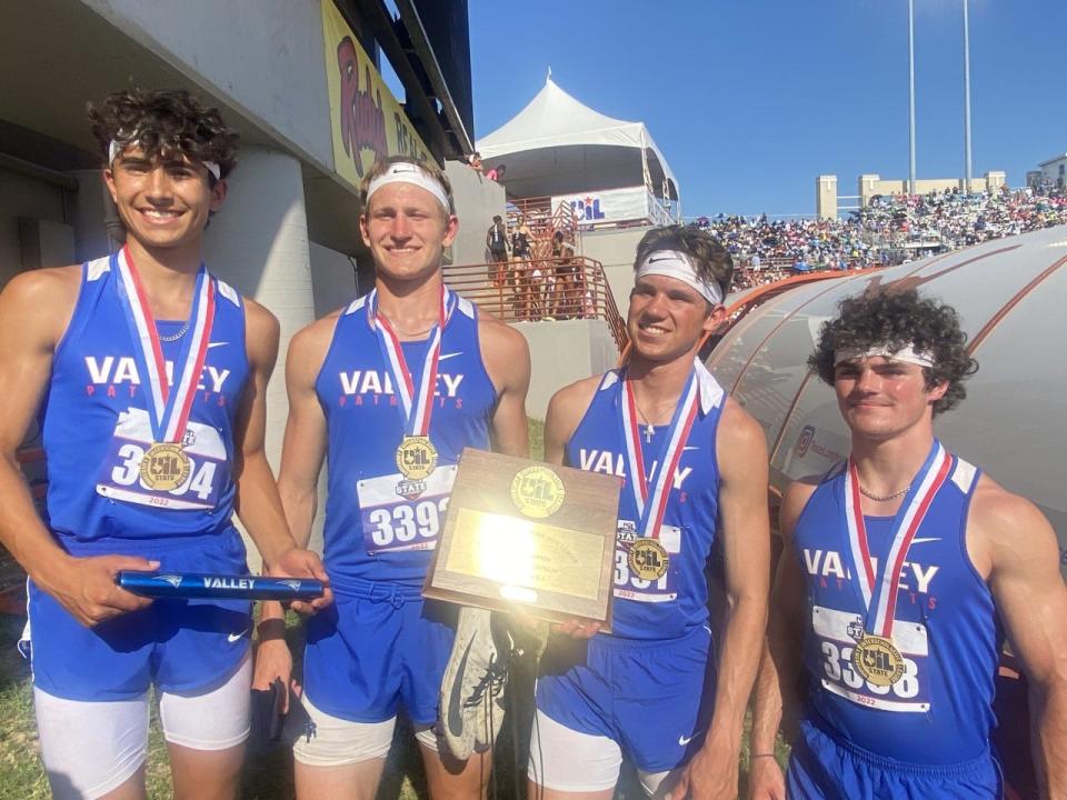 The Valley boys 400 relay team of (from left) Adrian Valdes, Parker Hartman, Jaxon Edwards, and Blake Beard pose together following their gold medal win.