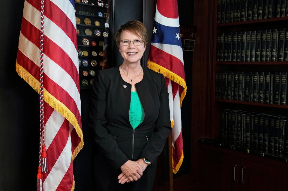 Ohio Supreme Court Justice Sharon Kennedy, who is running for Chief Justice, poses for a photo in her office in Columbus, Ohio on April 13, 2022. 