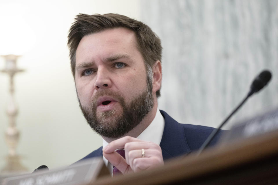 Senate Commerce, Science, and Transportation Committee member J.D. Vance, R-Ohio, speaks during a hearing on improving rail safety in response to the East Palestine, Ohio train rerailment, on Capitol Hill in Washington, Wednesday, March 22, 2023. (AP Photo/Manuel Balce Ceneta)