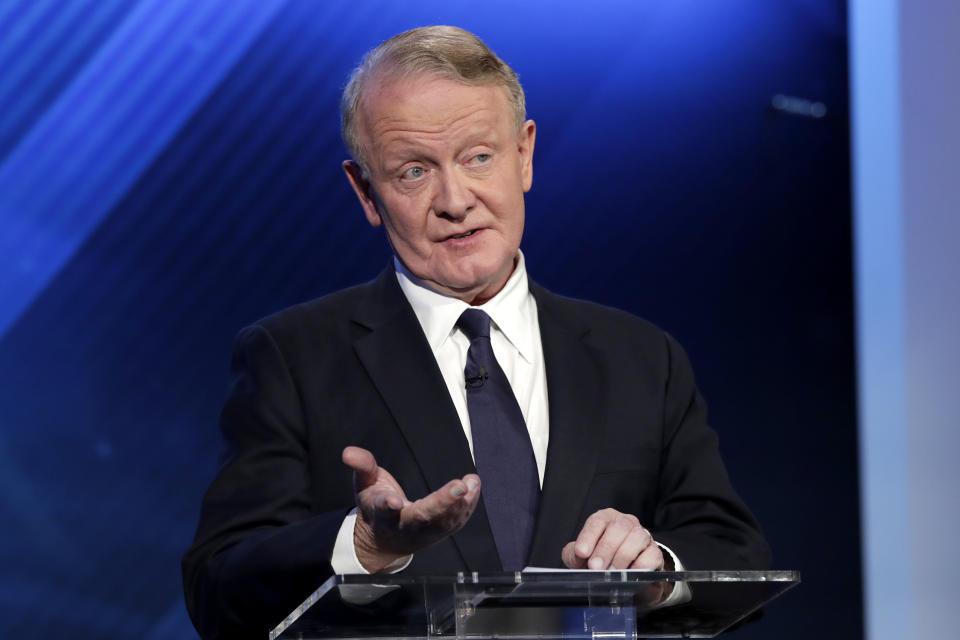 Republican candidate Leonard Lance speaks during a U.S. Congressional District 7 debate with Democratic candidate Tom Malinowski, Wednesday, Oct. 17, 2018, in Newark, N.J. (AP Photo/Julio Cortez)