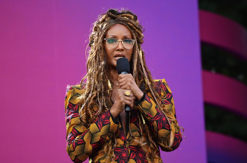 US-Somali model and actress Iman speaks onstage at the 2019 Global Citizen Festival: Power The Movement in Central Park in New York on September 28, 2019. (Photo by Angela Weiss / AFP)        (Photo credit should read ANGELA WEISS/AFP/Getty Images)