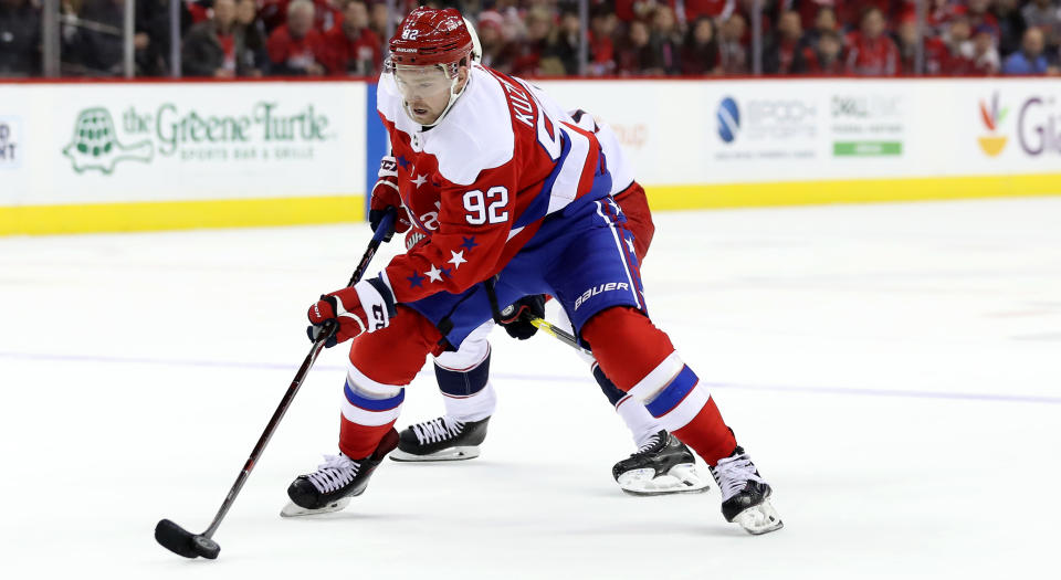 Evgeny Kuznetsov’s Washington Capitals sweater looked a little different on Friday night. (Photo by Rob Carr/Getty Images)