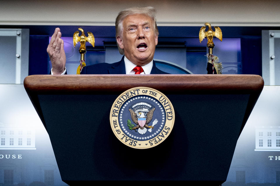 In this Aug. 31, 2020 file photo, President Donald Trump speaks during a news conference in the James Brady Press Briefing Room in Washington. Most Americans are deeply pessimistic about the direction of the country and skeptical of President Donald Trump’s handling of the coronavirus pandemic. That's according to a new poll from The Associated Press-NORC Center for Public Affairs Research. The survey shows that roughly 7 in 10 Americans think the nation is on the wrong track. And as the nation nears 200,000 deaths from the coronavirus pandemic, just 39% of Americans approve of Trump's handling of the health crisis. Americans have a more favorable views of public health officials, as they have throughout the pandemic. (AP Photo/Andrew Harnik)