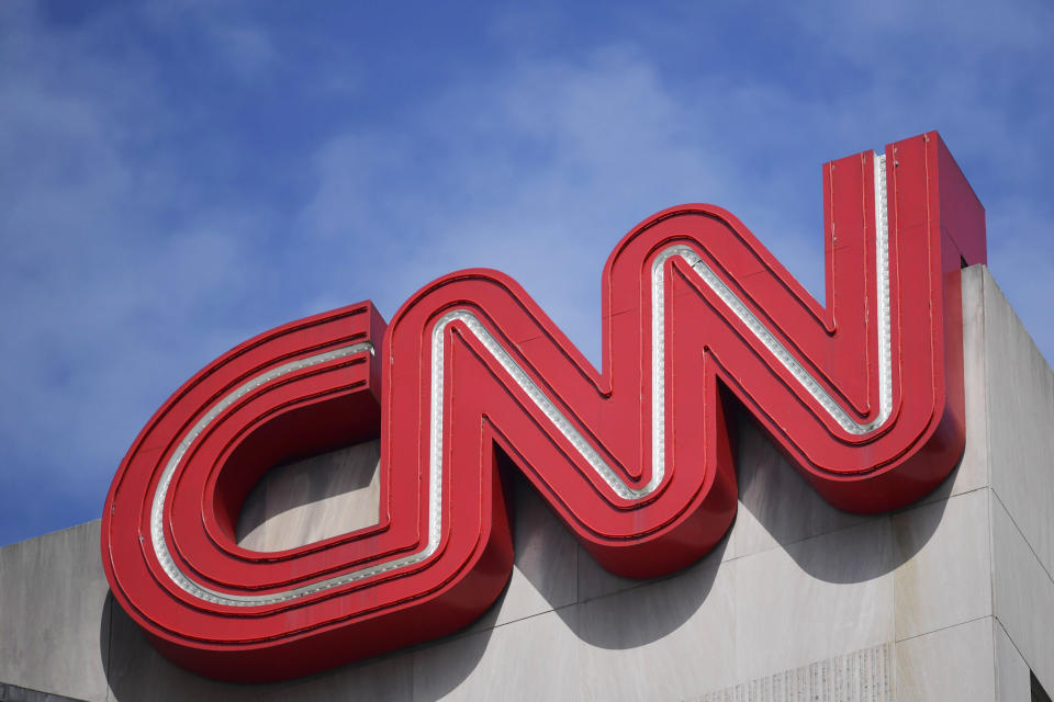 FILE - Signage appears at CNN center, Thursday, April 21, 2022, in Atlanta. (AP Photo/Mike Stewart, File)