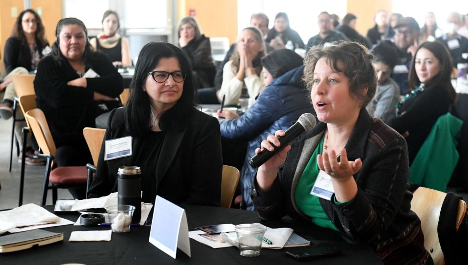 Maureen McGuire, CEO of the Farm Bureau of Ventura Country, asked a question to Susana Cruickshank, keynote speaker, at the CLU conference on Thursday.