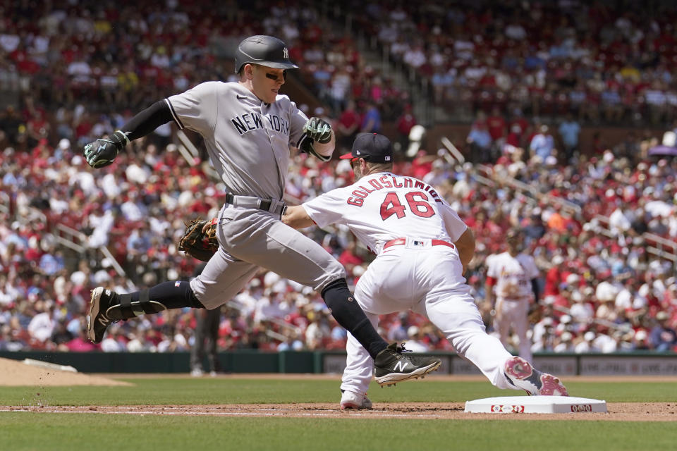 New York Yankees' Harrison Bader grounds out as St. Louis Cardinals first baseman Paul Goldschmidt (46) handles the throw during the seventh inning of a baseball game Sunday, July 2, 2023, in St. Louis. (AP Photo/Jeff Roberson)