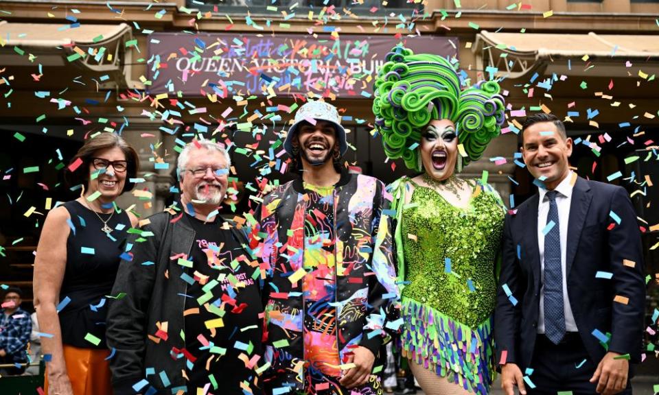 Australian queer pioneers: (L-R) Australian Marriage Equality chief executive Janine Middleton, original Mardi Gras initiator Ken Davis, Indigenous drag queen Felicia Foxx and drag queen Kita Mean, pictured with Sydney MP Alex Greenwich.