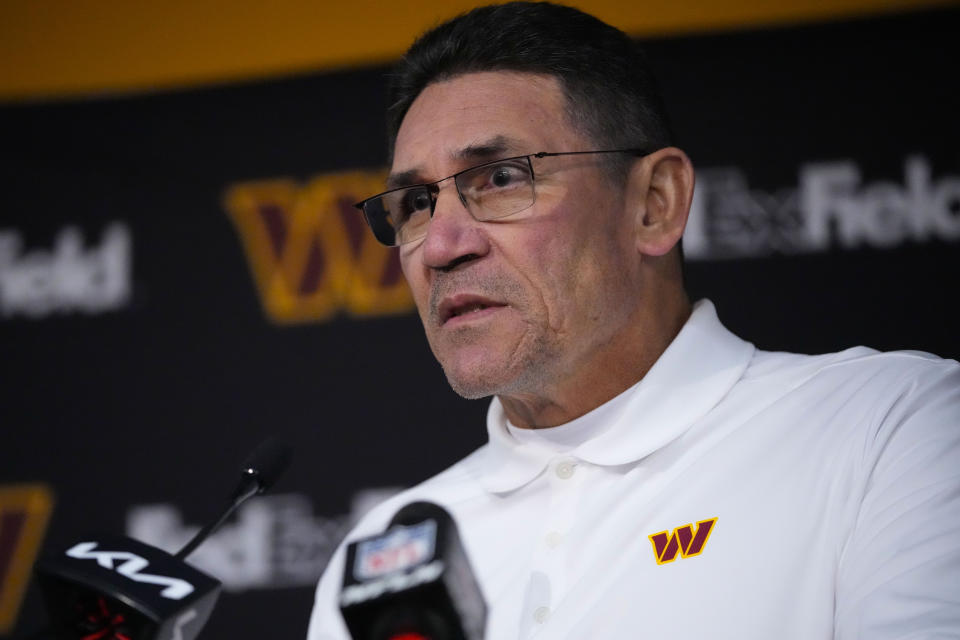 Washington Commanders head coach Ron Rivera speaking during a news conference after an NFL football game against the San Francisco 49ers, Sunday, Dec. 31, 2023, in Landover, Md. San Francisco won 27-10. (AP Photo/Mark Schiefelbein)