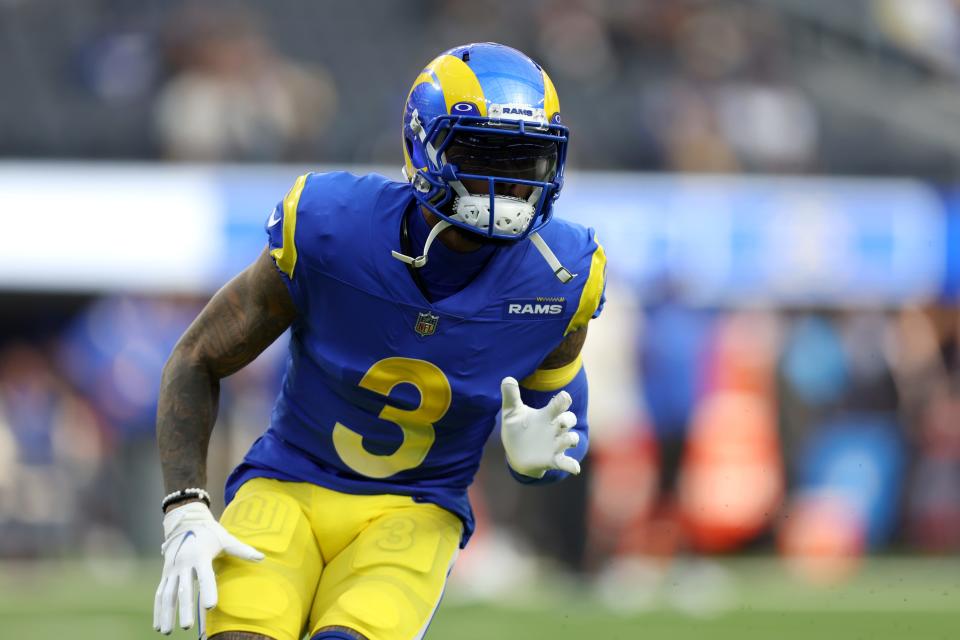 Los Angeles Rams' Odell Beckham Jr. warms up before the NFC Championship NFL football game against the San Francisco 49ers Sunday, Jan. 30, 2022, in Inglewood, Calif. (AP Photo/Jed Jacobsohn)