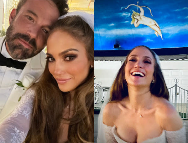 The couple touching foreheads in a selfie, and JLo smiling in her gown