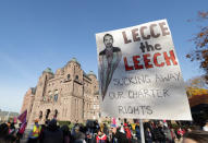 <p>TORONTO, ON- NOVEMBER 4 - Members of CUPE education workers and other supporters amass at Queens Park to protest a day after the Provincial Government enacted the Not Withstanding Clause of the Canadian Constitution to legislate a contract on the union in Toronto. November 4, 2022. (Steve Russell/Toronto Star via Getty Images)</p> 