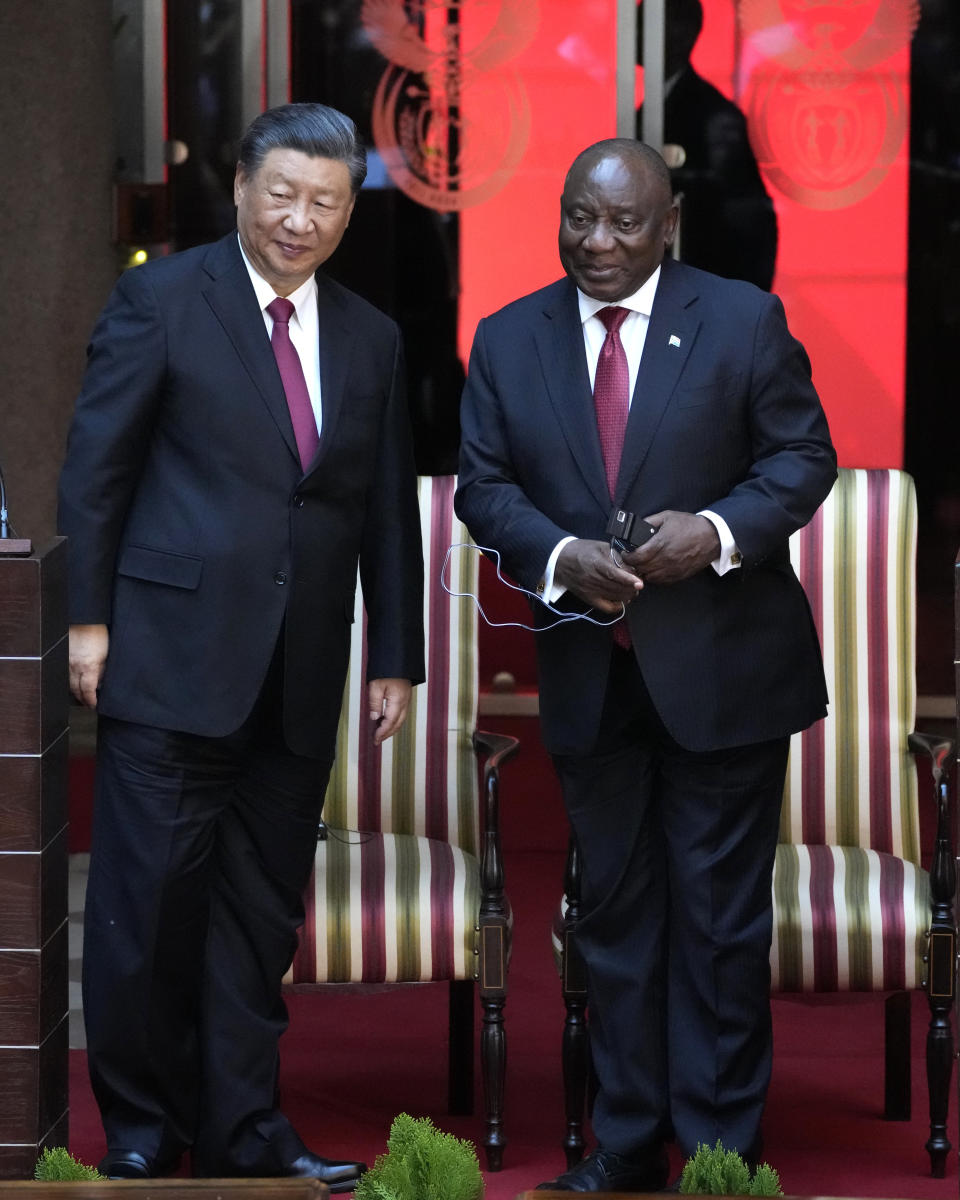 Chinese President Xi Jinping, left, with South Africa's President Cyril Ramaphosa after their joint media briefing at Union Building in Pretoria, South Africa, Tuesday, Aug. 22, 2023. Chinese President Xi Jinping has arrived for a state visit in South Africa where the two countries are expected to strengthen ties ahead of the BRICS summit starting in Johannesburg on Tuesday. (AP Photo/Themba Hadebe)
