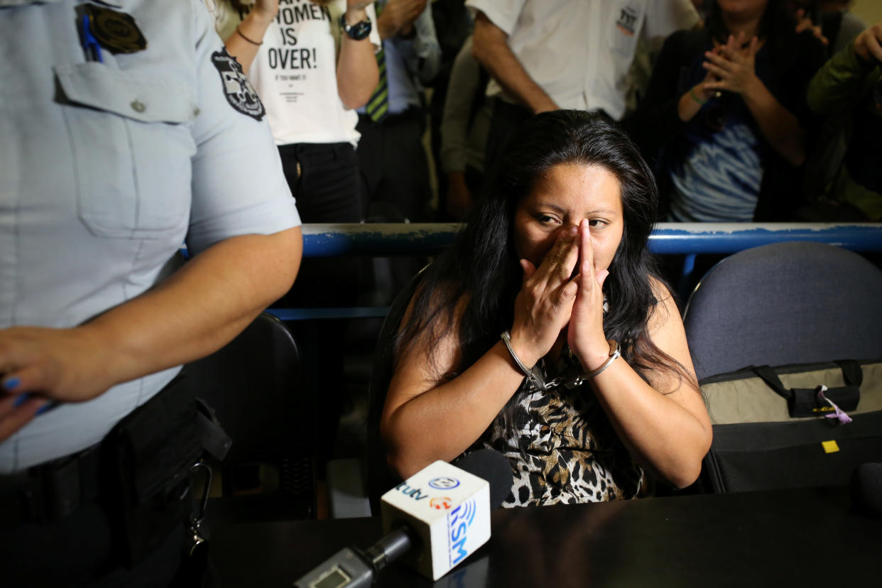 Teodora Vasquez waits in a courtroom&nbsp;in San Salvador&nbsp;on&nbsp;Dec. 8.