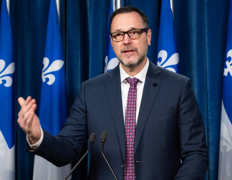 Coalition Avenir Quebec Minister of the French Language Jean-François Roberge speaks at a news conference, Thursday, Nov. 23, 2023 at the legislature in Quebec City. St-THE CANADIAN PRESS/Karoline Boucher