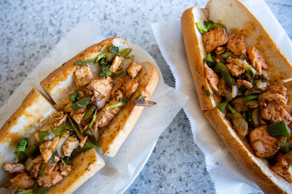 Salmon cheesesteaks from Bella's in West Philadelphia, Pa.