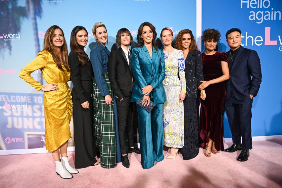 Cast members (L-R) Stephanie Allynne, Arienne Mandi, Jacqueline Toboni, Katherine Moennig, Jennifer Beals, Leisha Hailey, Sepideh Moafi, Rosanny Zayas and Leo Sheng attend the red carpet premiere for Showtime's new drama series "The L Word: Generation Q," on December 2, 2019 at the Regal Cinemas at L.A. LIVE in Los Angeles, California. (Photo by Robyn Beck / AFP) (Photo by ROBYN BECK/AFP via Getty Images)