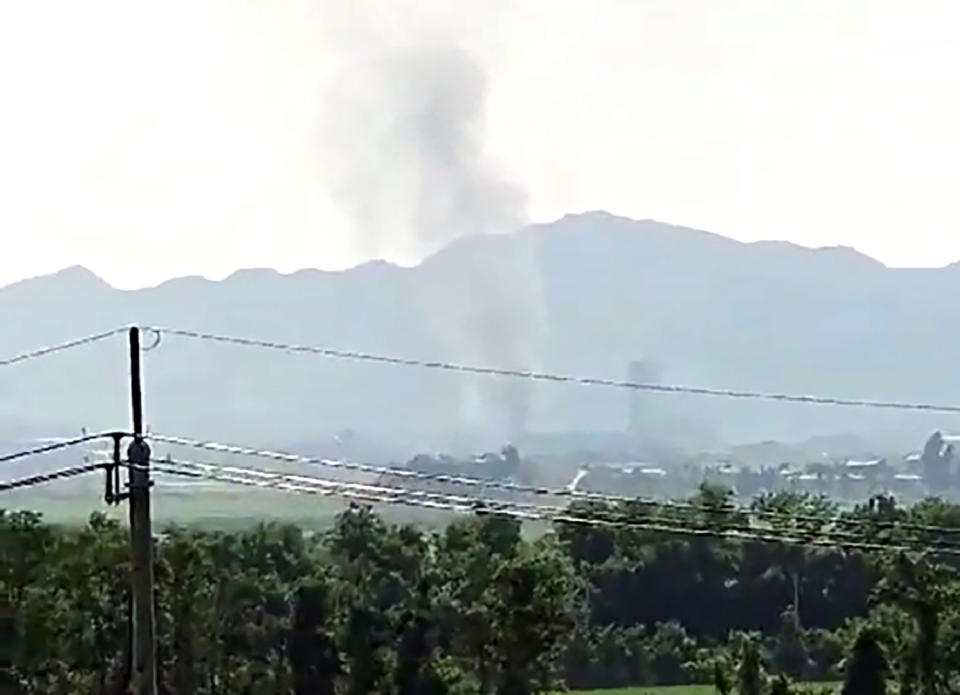 Smoke raising in the North Korean border town of Kaesong is seen from Paju, South Korea, Tuesday, June 16, 2020. North Korea blew up an inter-Korean liaison office building just inside its border in an act Tuesday that sharply raises tensions on the Korean Peninsula amid deadlocked nuclear diplomacy with the United States. (Yonhap via AP)