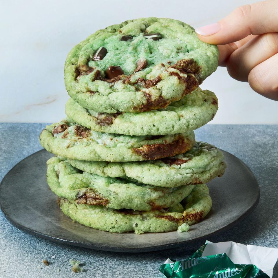 green colored cookies with chocolate chips