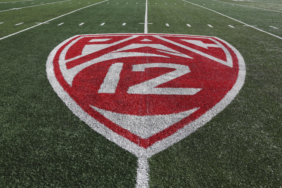 A general view of of the Pac-12 logo at Rice Eccles Stadium before an NCAA college football game between Utah and Colorado, Saturday, Nov. 25, 2023, in Salt Lake City. (AP Photo/Rob Gray)