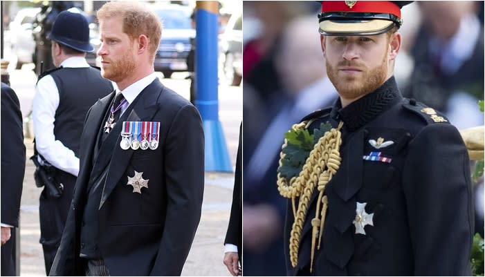哈利王子將破例穿回榮譽軍裝。（合成圖／翻攝自Twitter／@MikeSington、@chootchyface）