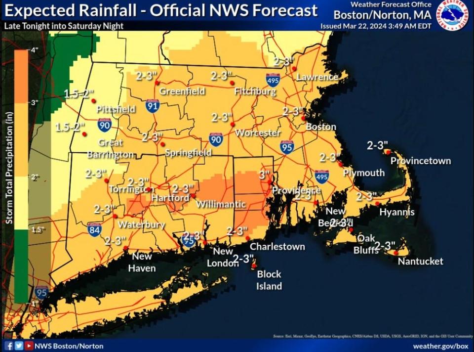 Rhode Island will likely get 2 to 3 inches of rain this weekend, according to the National Weather Service.