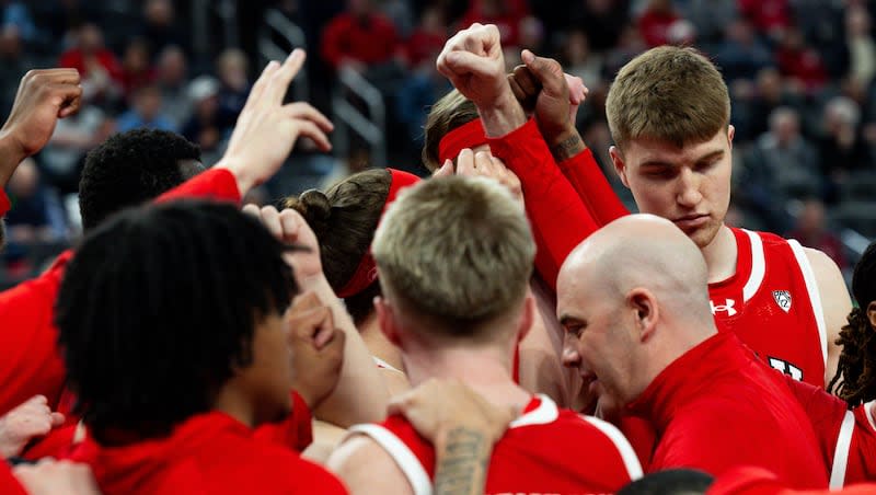 Utah Utes circle up before the game against Colorado in the quarterfinals of the Pac-12 tournament at the T-Mobile Arena in Las Vegas on Thursday, March 14, 2024.