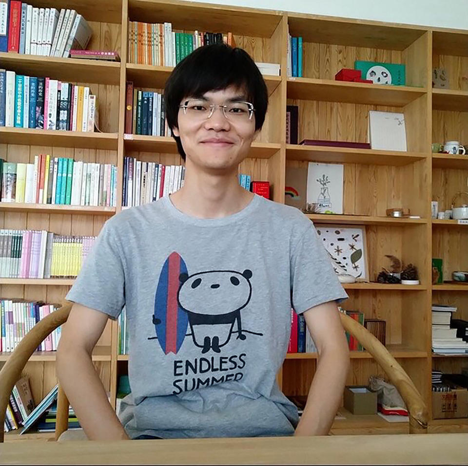 In this photo released by a friend of Cai Wei, Cai Wei poses for a photo in Beijing in June, 2018. More than a year after two young men, including Cai Wei, disappeared from their Beijing homes, they are set to be tried Tuesday, May 11, 2021 in a case that illustrates the Chinese government's growing online censorship and sensitivity to any criticism of its COVID-19 response. (Friend of Cai Wei via AP)