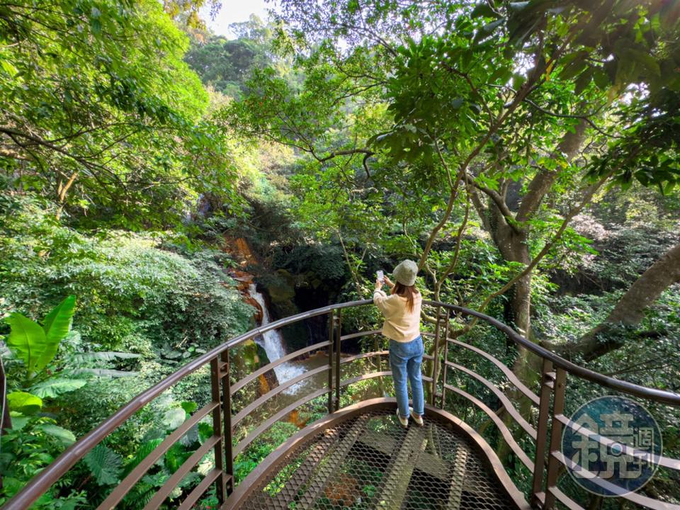 半嶺水圳步道的終點有一處觀景平台，能欣賞松溪瀑布美景。