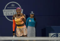 Coco Gauff, of the United States, celebrates her 6-4, 6-4 victory against Naomi Osaka, of Japan, at the Mubadala Silicon Valley Classic tennis tournament in San Jose, Calif., Thursday, Aug. 4, 2022. (AP Photo/Godofredo A. Vásquez)