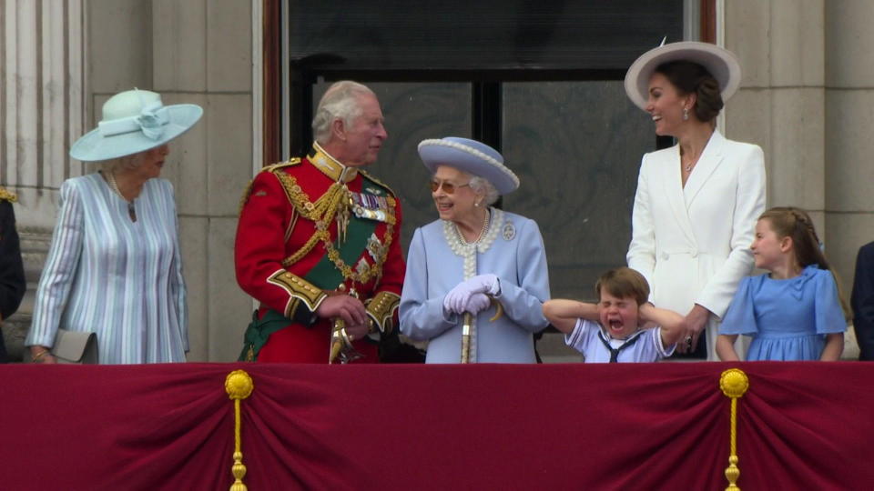 Four-year-old Prince Louis, fifth in line to the throne, reacts to a flyover of aircraft during the Platinum Jubilee.  / Credit: CBS News