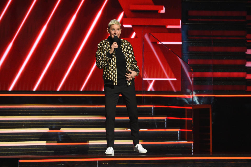 LOS ANGELES, CALIFORNIA - JANUARY 26: Ellen DeGeneres speaks onstage during the 62nd Annual GRAMMY Awards at STAPLES Center on January 26, 2020 in Los Angeles, California. (Photo by Kevin Mazur/Getty Images for The Recording Academy)