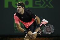 Mar 23, 2018; Key Biscayne, FL, USA; Juan Martin del Potro of Argentina serves against Robin Haase of the Netherlands (not pictured) on day four of the Miami Open at Tennis Center at Crandon Park. Mandatory Credit: Geoff Burke-USA TODAY Sports