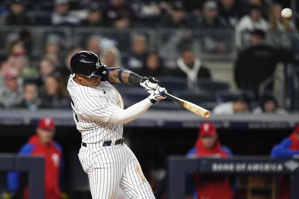 New York Yankees' Gleyber Torres hits a home run during the third inning of a baseball game against the Philadelphia Phillies, Monday, April 3, 2023, in New York. (AP Photo/Frank Franklin II)