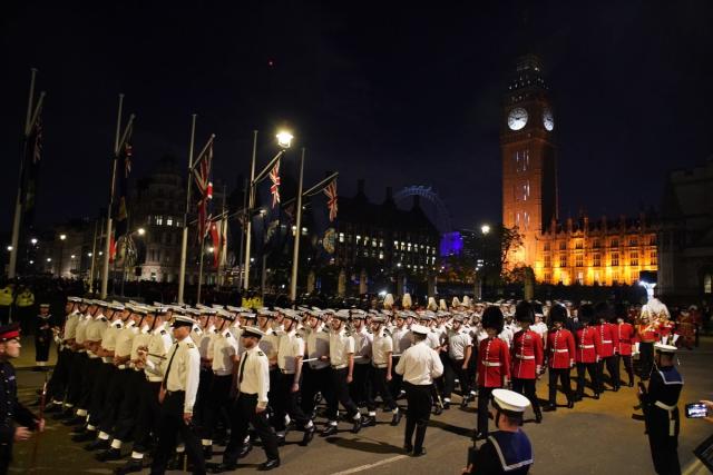 A funeral procession marches through Parliament Square during a rehearsal (PA)