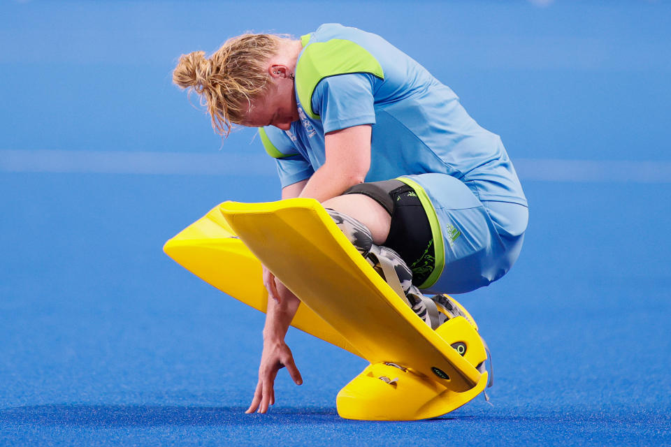 <p>TOKYO, JAPAN - JULY 31: Ayeisha McFerran of Team Ireland reacts following a loss in the Women's Preliminary Pool A match between Ireland and Great Britain on day eight of the Tokyo 2020 Olympic Games at Oi Hockey Stadium on July 31, 2021 in Tokyo, Japan. (Photo by Steph Chambers/Getty Images)</p> 