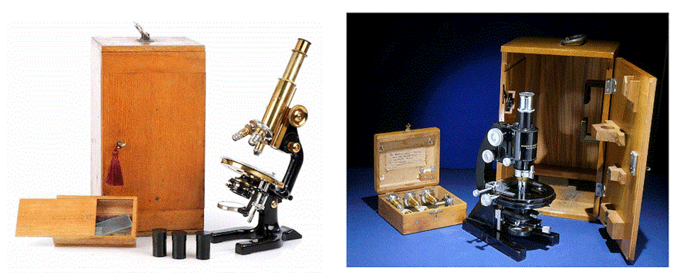 Izquierda: Modelo de microscopio Reicherrt de1927 utilizado por Ramón y Cajal. Derecha microscopio Bausch & Lomb usado por Barbara McClintock en sus inicios en Cold Spring Harbor..