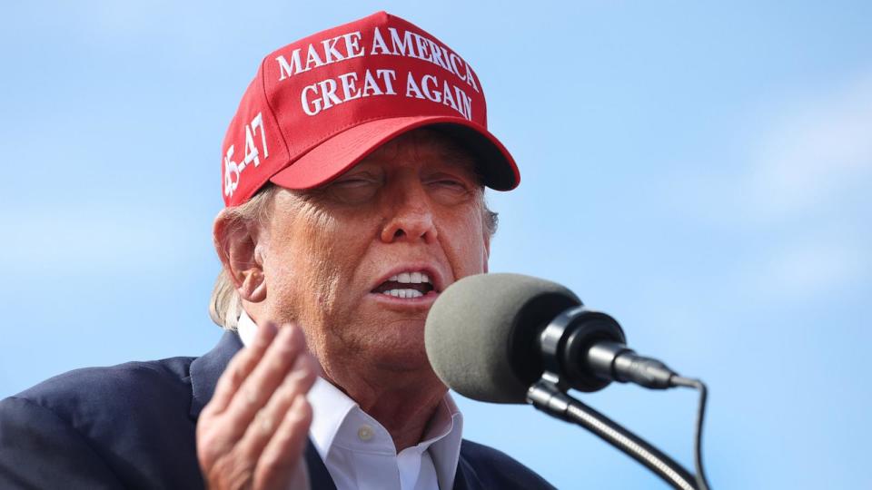 PHOTO: Republican presidential candidate former President Donald Trump speaks to supporters during a rally at the Dayton International Airport, March 16, 2024, in Vandalia, Ohio.   (Scott Olson/Getty Images)