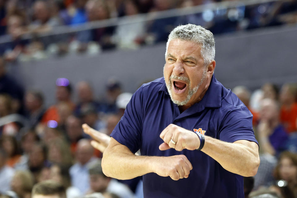 Auburn head coach Bruce Pearl reacts to a call during the first half of an NCAA college basketball game against Tennessee Saturday, March 4, 2023, in Auburn, Ala. (AP Photo/Butch Dill)